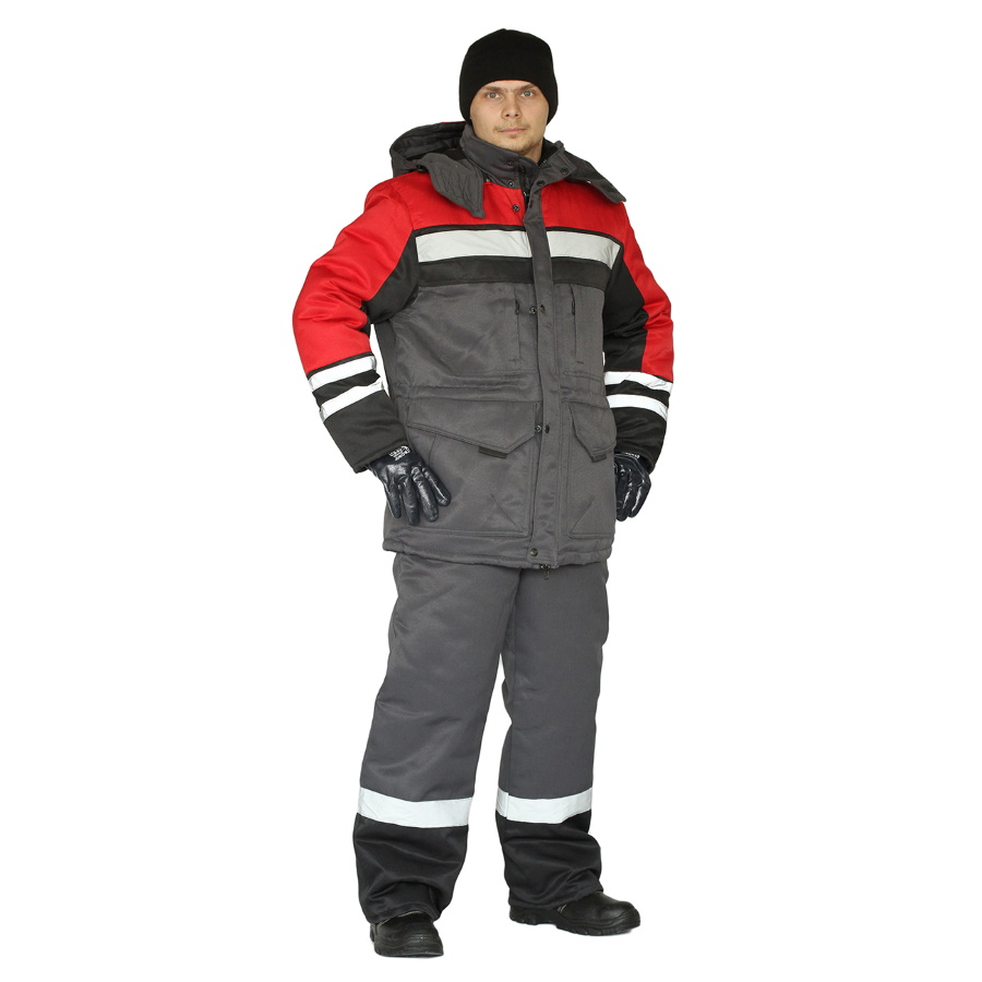 Костюм рабочий Зимник, куртка + брюки, темно-серый + красный + черный, ткань смесовая 210 гр/м2