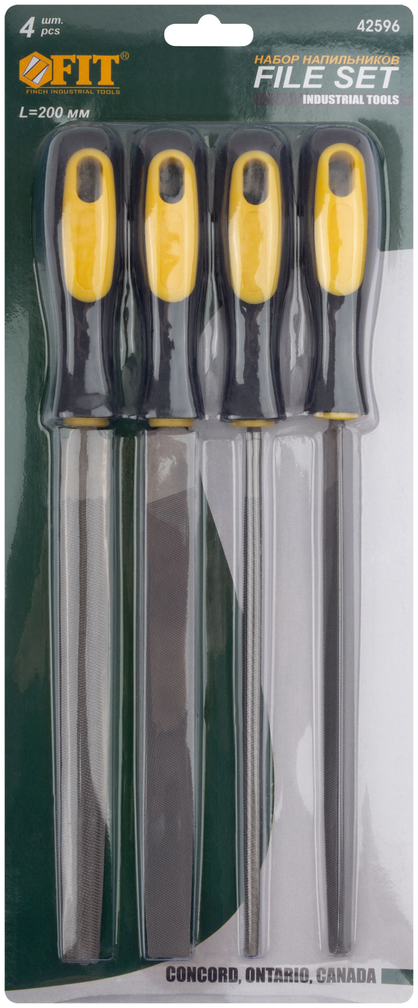 Напильники, прорезиненная ручка, набор 4 шт. (трехгранный, плоский, круглый, полукруглый ) 200 мм