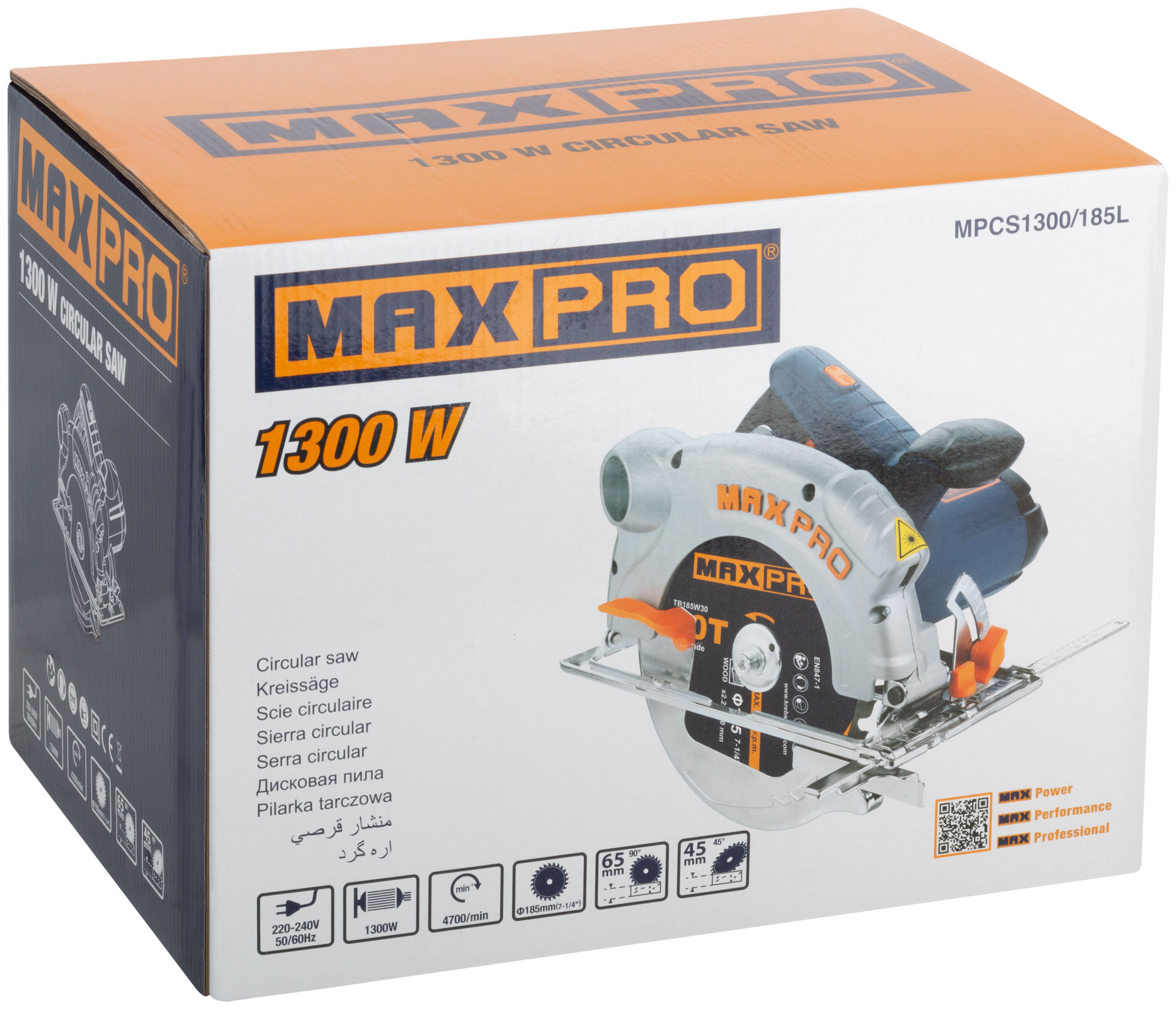 MAX-PRO Пила циркулярная 1300 Вт; 185мм; 4700об/мин; лазер; резиновый кабель; 3,9 кг; коробка