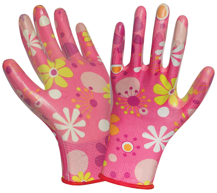 Перчатки нейлоновые нитриловые 7107PN, розовые цветы